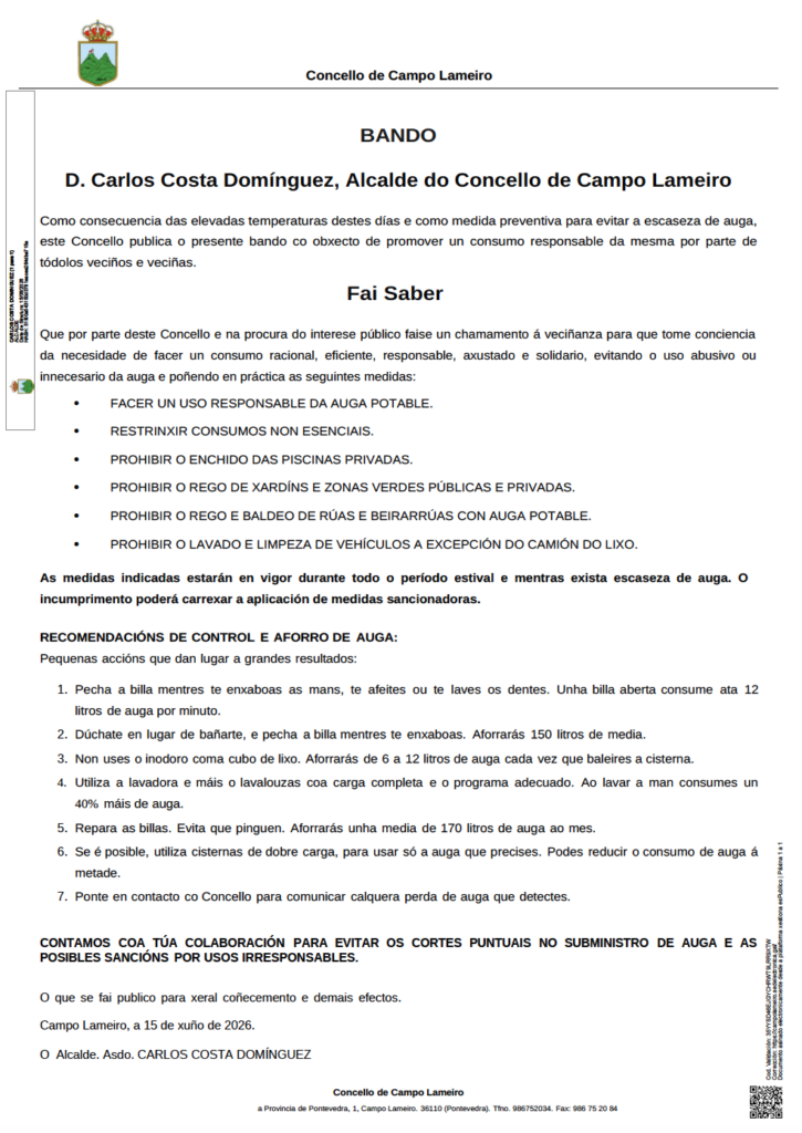 O CONCELLO DE O CAMPO LAMEIRO PUBLICA UN BANDO PARA SOLICITAR A COLABORACIÓN VECIÑAL NO USO RESPONSABLE DA AUGA