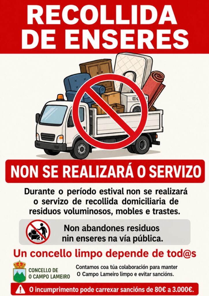 DURANTE O VERÁN NON SE REALIZARÁ O SERVIZO DE RECOLLIDA DOMICILIARIA DE RESIDUOS VOLUMINOSOS, MOBLES E TRASTES